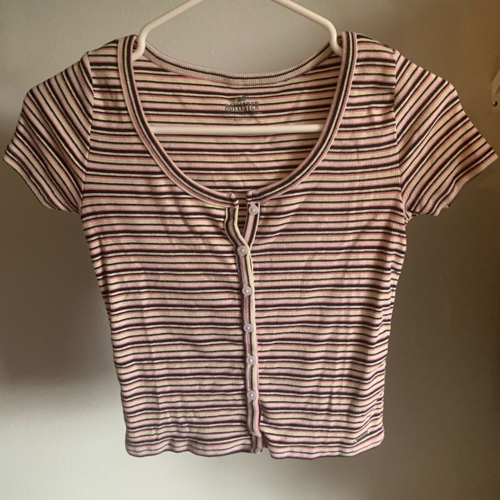 Hollister Striped Retro Button Baby Tee Ribbed